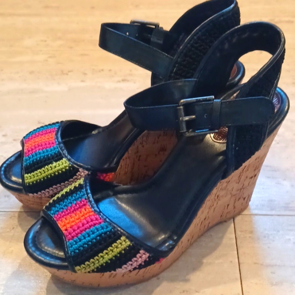The Sak Monterey Multi-Colored Knit Accent Cork Wedge Sandals